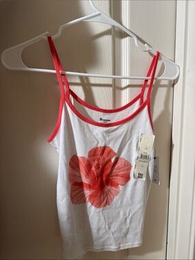 No Boundaries White Tank with Hawaiian flower Coral Pink Floral and Trim